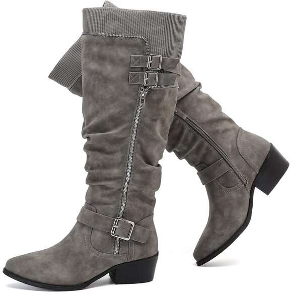 ⚡Women's Grey Extra Wide Calf Knee High Boots Knee High Boots Low Stacked Heel - Picture 1 of 6